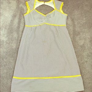 Blue and white stripe dress with yellow trim
